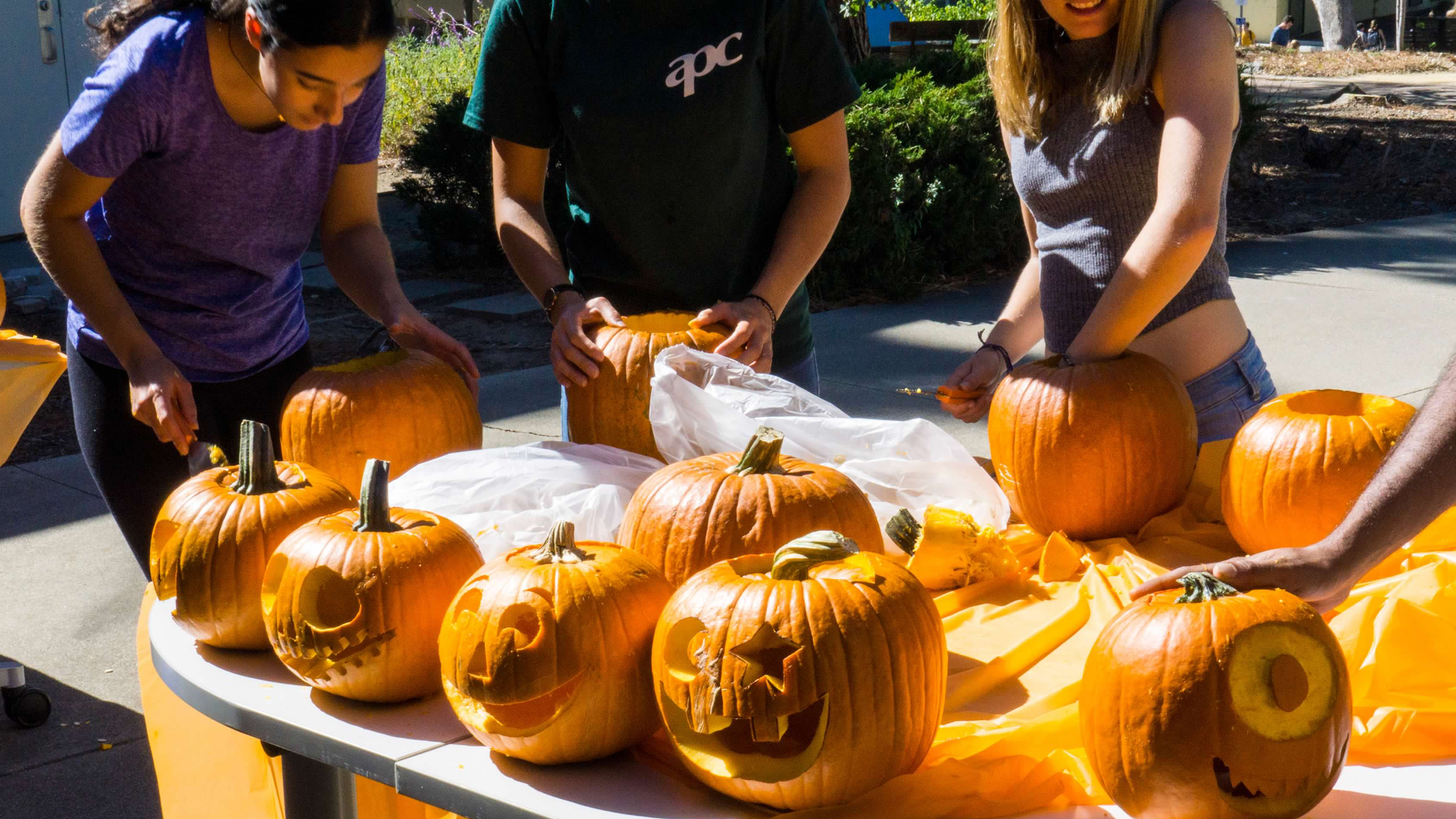International students carving pumpkins.