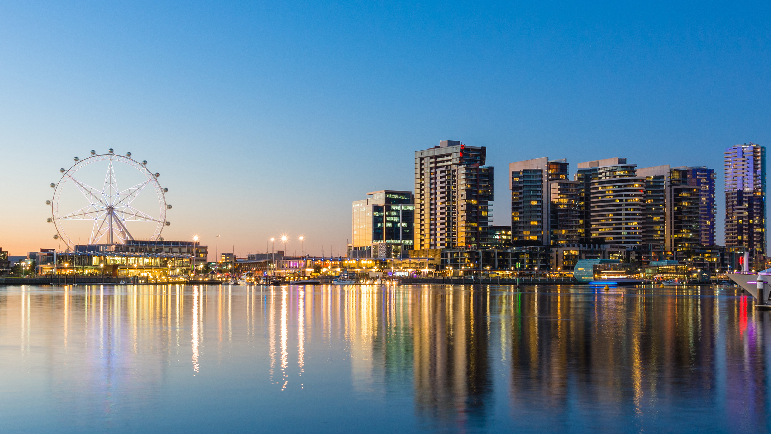 Panoramic image of the docklands waterfront area of Melbourne at night