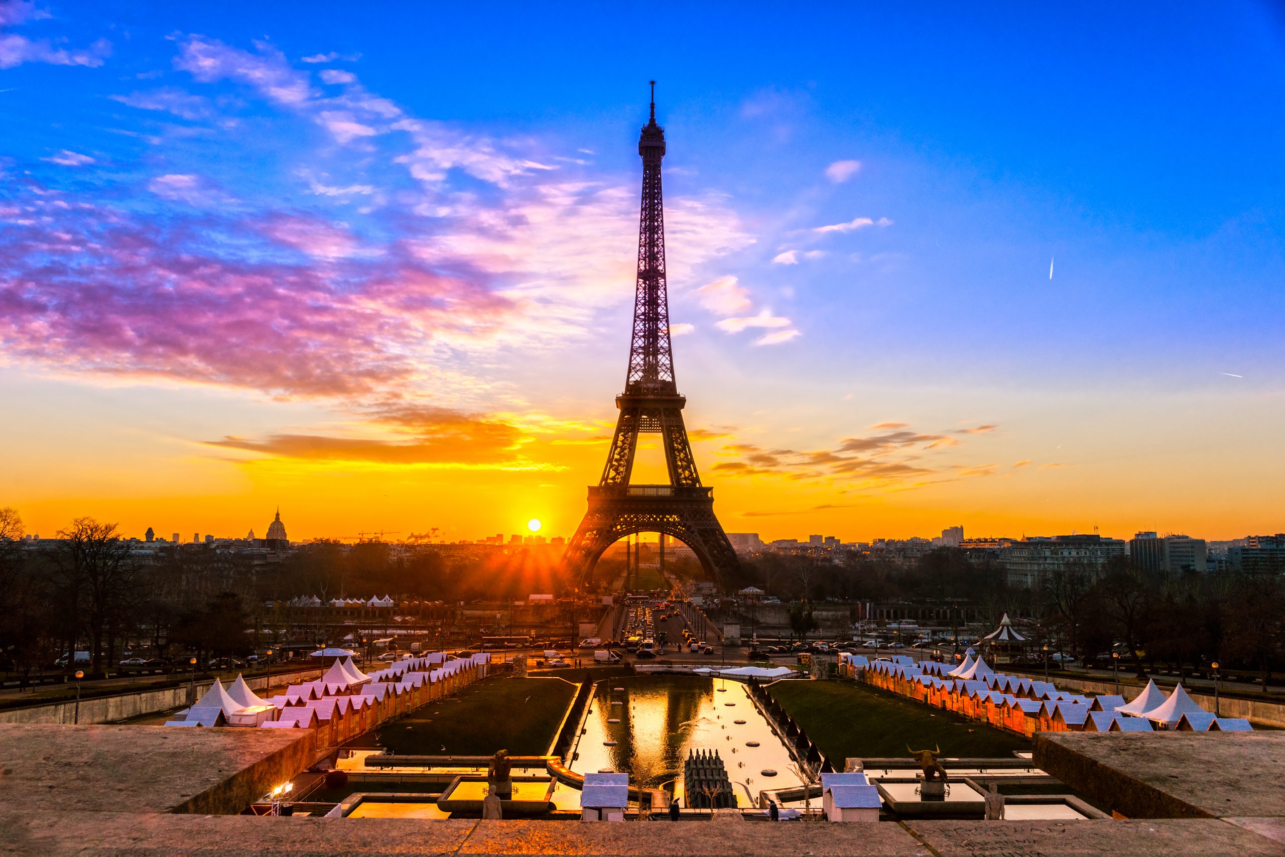 View of the Eiffel tower at sunrise, Paris.