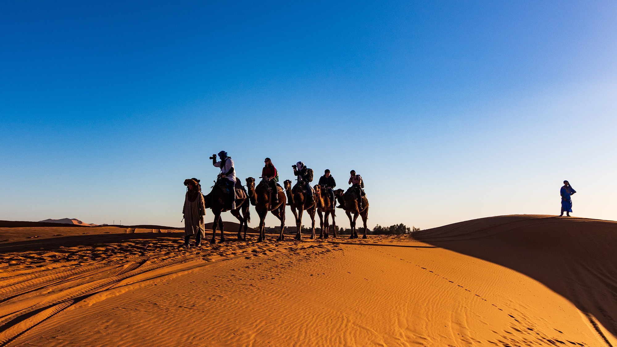 People riding camels in the desert