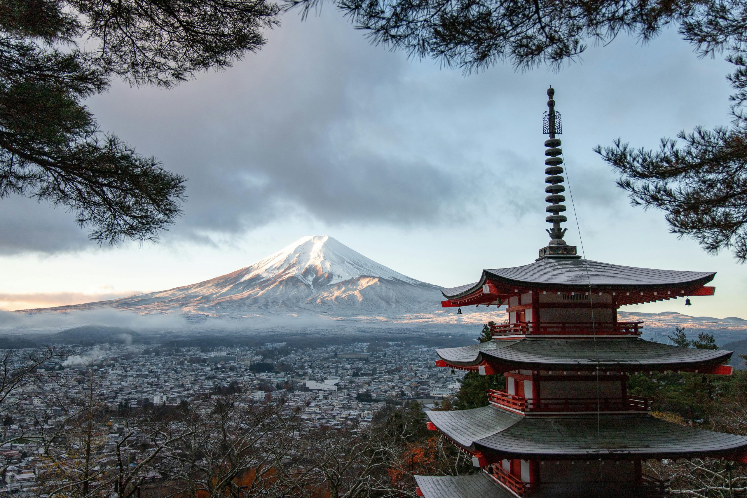 Mount Fuji with the Chureito Pagoda in the foreground in Fujiyoshida, Japan.