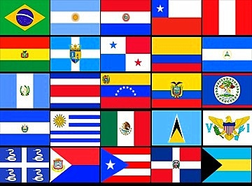 A collage of national flags representing countries across Latin America, arranged in a grid.